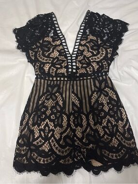 Black Lace V-Neck Chemise with Nude Lining